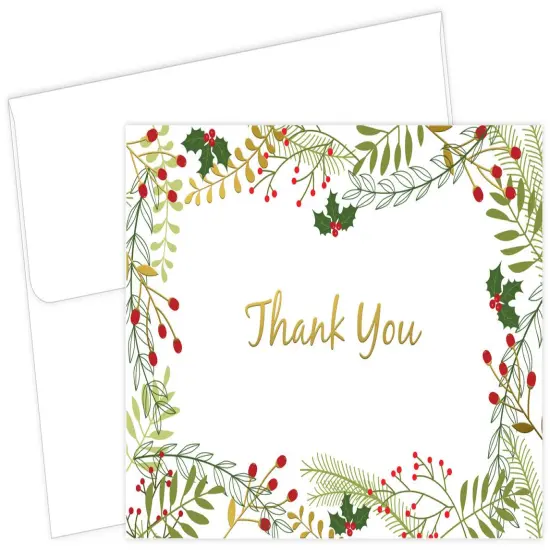 Great Papers! Thank You Note Card with Gold Foil, Merry Twigs and Holly, 4.875" x 3.375"(folded), 50 cards/envelopes {1}