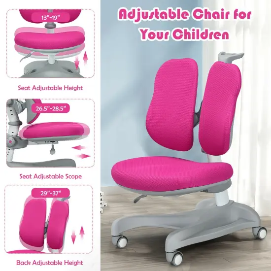 Adjustable Height Student Chair with Sit-Brake Casters and Lumbar Support for Home and School-Pink {2}