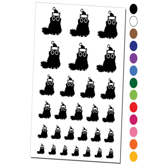 Fluffy Black Cat Santa Hat Christmas Temporary Tattoo Water Resistant Fake Body Art Set Collection Dark Green {1}
