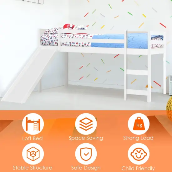 Twin Size Low Sturdy Loft Bed with Slide Wood White {3}