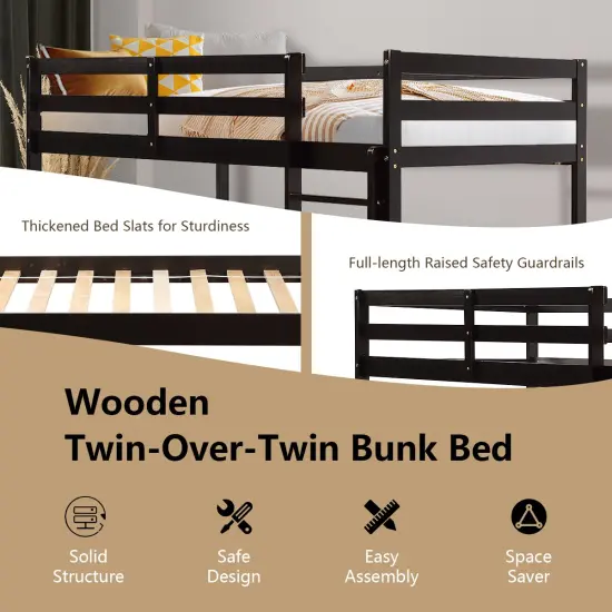 Children's Wooden Slat Design Twin Bunk Bed with Headboard and Footboard Brown {6}