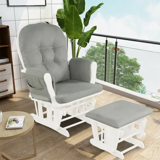 Solid Wood Gliding Chair Set with Pockets and Ottoman for Relaxing Light Grey {6}