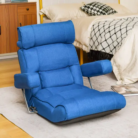Foldable Floor Sofa Chair with 6-Position Adjustable Headrest and Metal Frame Blue {2}