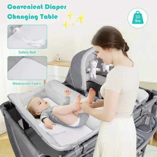 4-in-1 Convertible Portable Baby Play yard with 2 Hanging Toys and Music Box Grey {1}