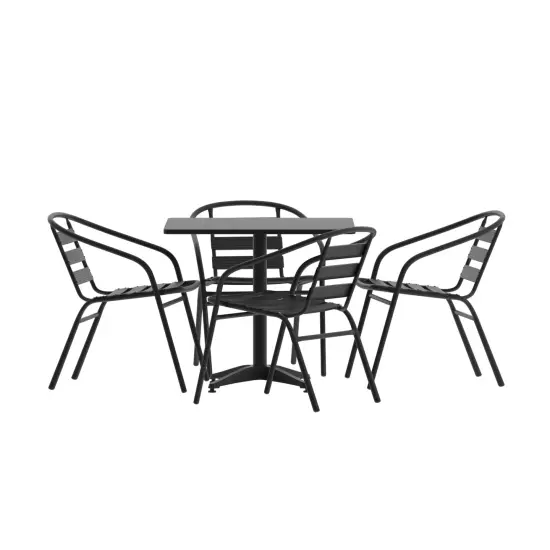 Emma and Oliver 31.5'' Square Aluminum Indoor-Outdoor Table Set with 4 Slat Back Chairs Black {1}