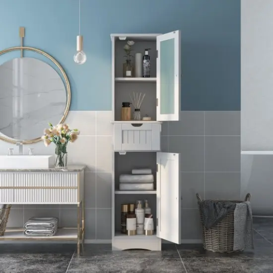 Tall Floor Storage Cabinet with 2 Doors and 1 Drawer for Bathroom White {1}