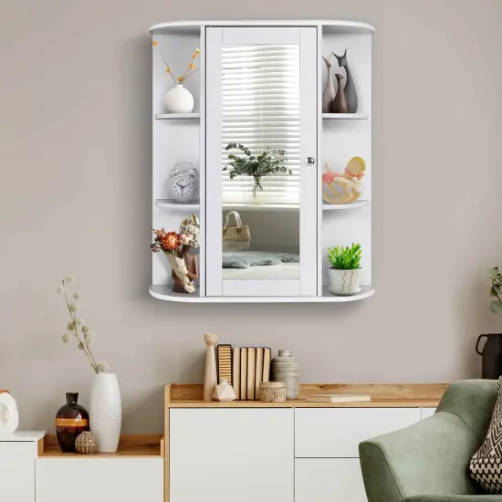 Bathroom Single Door Shelves Wall Mount Cabinet with Mirror White {6}