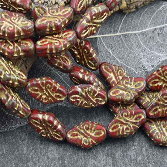 *9* 19x9mm Gold Washed Opaque Red Travertine Arabesque Beads {4}