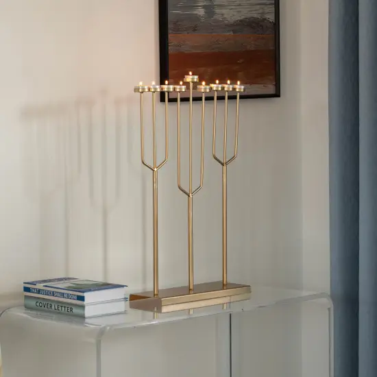 Modern Design Hanukkah Menorah Exceptional presentational piece, 9 Branch Tea Light Candle Holders Gold {2}