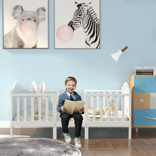 2-in-1 Classic Convertible Wooden Toddler Bed with 2 Side Guardrails for Extra Safety White {6}