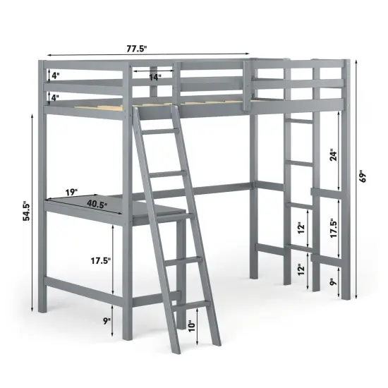Twin Size Pine Wood Loft Bed with Desk, Guardrail, Dual Ladders Grey {4}