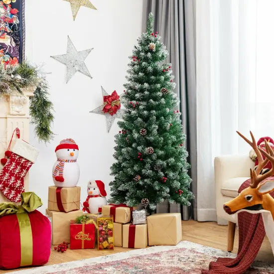 Pre-lit Artificial Pencil Christmas Tree with Pine Cones and Red Berries {6}