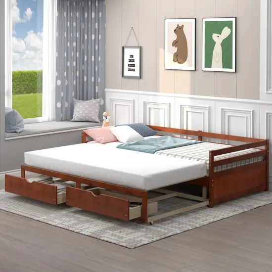 Wood Extendable Daybed with Storage Drawers and Slats Brown {6}