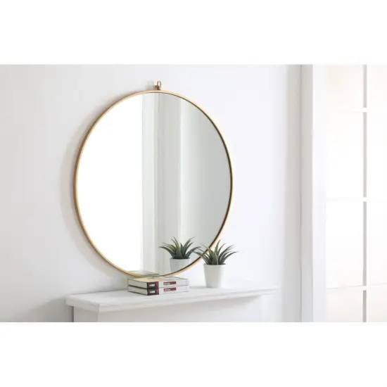 Metal frame Round Mirror with decorative hook 36 inch Brass finish {4}