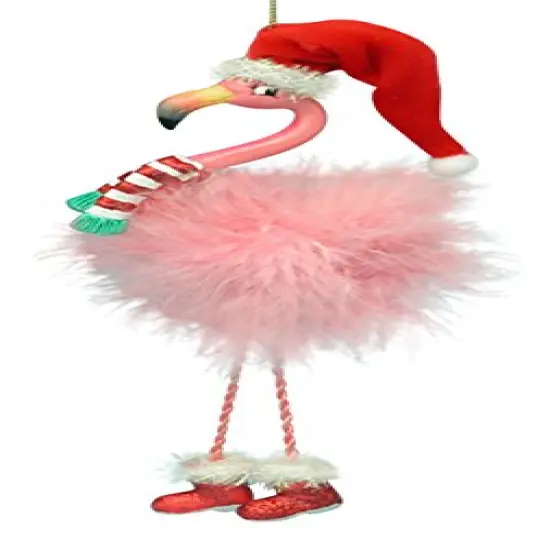 Pink Flamingo in Santa Hat and Feathers Christmas Holiday Ornament {1}