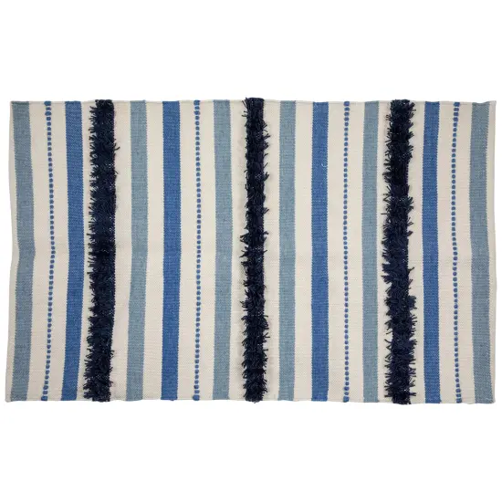 Northlight 3.5' x 2.25' Blue, Cream and Black Striped Handloom Woven Outdoor Accent Throw Rug {1}