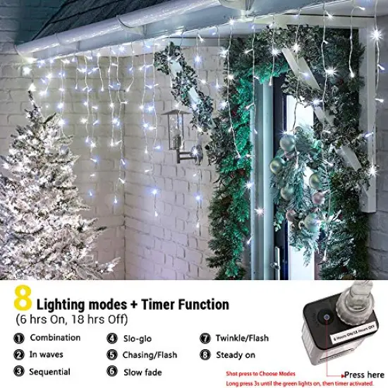 Christmas Icicle Lights Outdoor, 360 LED 29.5ft 8 Modes Fairy Icicle String Lights with 60 Drops, Led Christmas Twinkle Lights for Holiday, Party, Wedding, Eaves, Christmas Decorations (White) {1}