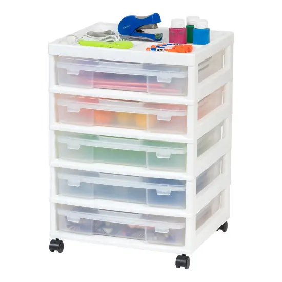 IRIS USA 5 Drawers 12&rdquo; x 12&rdquo; Scrapbook Plastic Rolling Storage Cart with Organizer Top with Casters, Black/White {1}