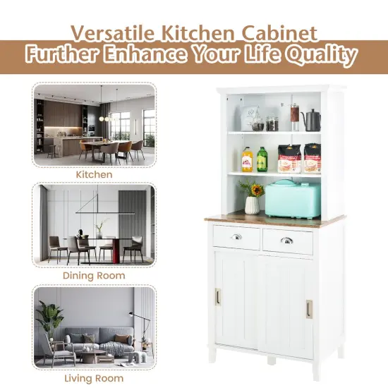 Freestanding Kitchen Pantry with Hutch Sliding Door and Drawer-White {5}