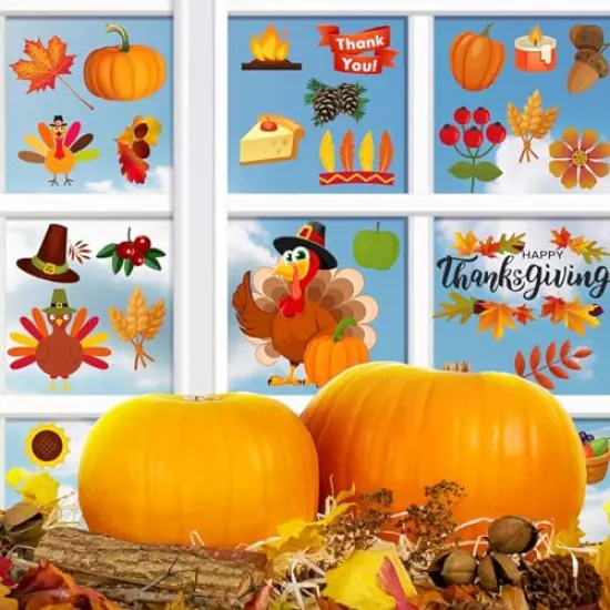 Happy Storm Thanksgiving Window Clings, Thanksgiving Window Stickers Deals Decor, Fall Leaves Window Clings for Glass Window, Double Sided Turkey Window Clings for Home Office Decorations {4}
