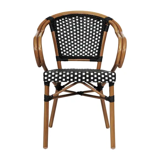 Merrick Lane Sacha Stacking Thonet Bistro Style Chair with Arms, PE Rattan Seat, and Bamboo Finished Metal Frame for Indoor/Outdoor Use Black&White/Natural {6}