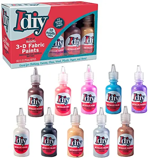 10 Pieces Fabric PaintsMetallic Colors (1oz bottles) Bright 3D Fabric T Shirt Clothing Soft Paint, Non-Toxic Water-Based, Washable, Permanent, Classroom, Kids Birthday Party Art Craft, Holiday Craft {2}