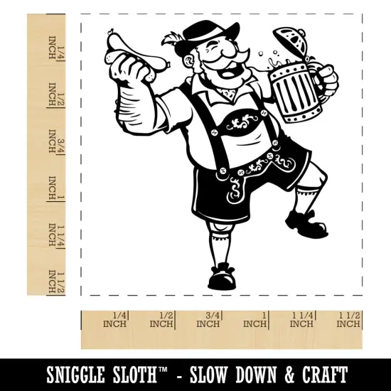 Jolly Bavarian Man in Lederhosen with Beer Stein and Sausage Self-Inking Rubber Stamp Ink Stamper Blue {1}