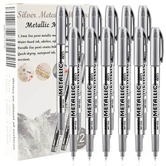 12 Pieces Silver Metallic Markers, Fine Point Silver Metallic Marker Pens for Adult Coloring, Black Paper, Scrapbook, Artist Illustration, Crafts, Gift Card Making, Fabric, Photo Album {2}