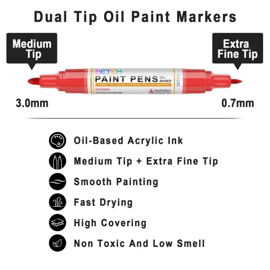 Betem Oil Based Paint Markers, Dual Tip Paint Pens(0.7mm & 3mm), Gold Silver Permanent Paint Marker Pen, Waterproof, Quick Dry, for Fabric, Rock Painting, Wood, Plastic, Metal, Canvas (2Red2Blue) {6}