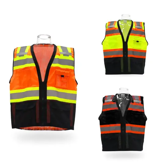 Contrast High Visibility Safety Vest with Pockets Reflective Zipper Front Polyester | RADYAN&reg; Safety orange/ black {2}