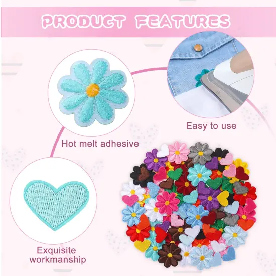 120 Pieces Flower, Heart Patches Mini Embroidery Applique Patches Colorful Sew Iron on Patches for Clothing Repair Decorations DIY Craft (Flower, Heart) {6}
