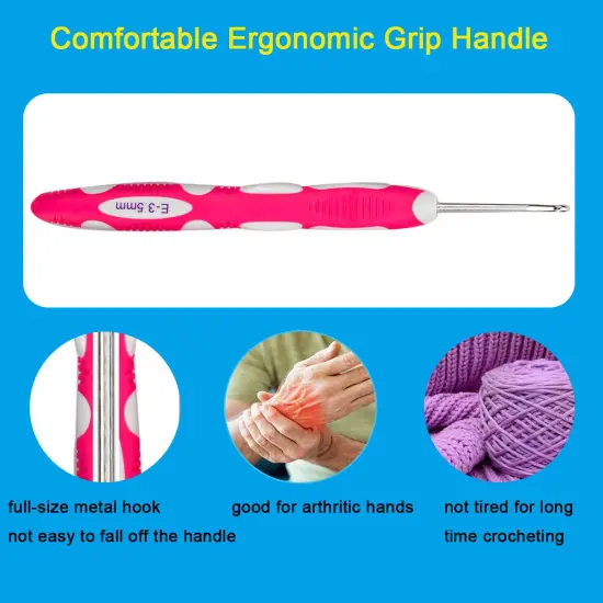 9 Pieces Longer Ergonomic Crochet Hook Set USA Standard Size B to J 2.0mm-6.0mm Smooth Soft Grip Handles Crochet Needles Knitting Needles for Arthritic Hands,Beginners and Experienced Crocheter {3}