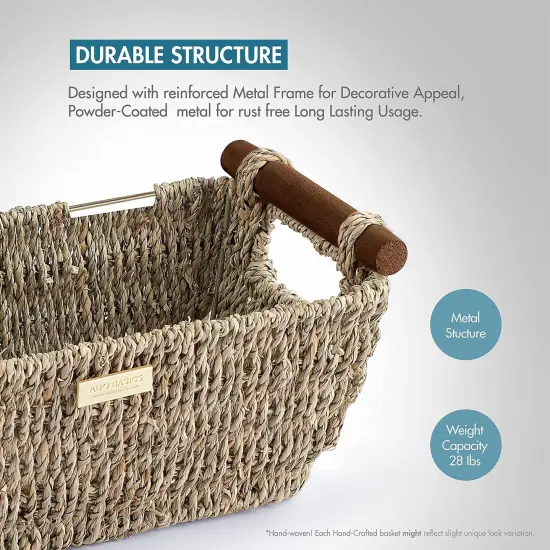 Seagrass Hand Woven Basket with Stain Resistant Polished Wooden Handles, Toilet paper Storage Wicker Baskets 12 inches Length, 6.29 inches Width, 4.25 inches Height, Natural {4}