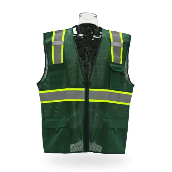 Multi Pocket High Visibility Reflective Safety Vest with Zipper Front 100% Polyester Safety green {1}
