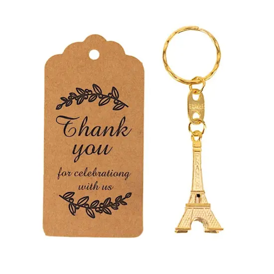 10 pcs Eiffel Tower 4" Plastic Keychains with Thank You Tags Gold {3}
