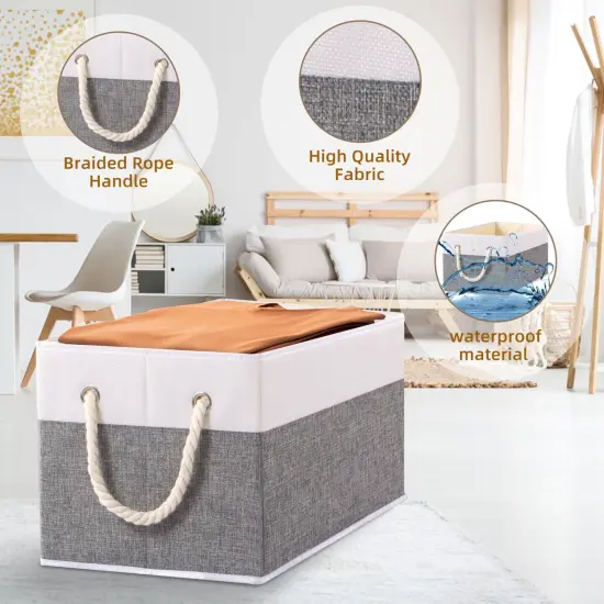 Foldable Storage Basket 1-Pack, Large Fabric Storage Bins with Rope Handle, Used for Organizing Shelves, Closets, Clothes Storage Box, 12.99''Lx9.05''Wx7.87''H, White/Grey {3}