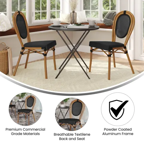 Merrick Lane Mael Set of Two Stacking Thonet Bistro Style Chair with Textilene Seat and Bamboo Finished Metal Frame for Indoor/Outdoor Use Black/Natural Frame {4}