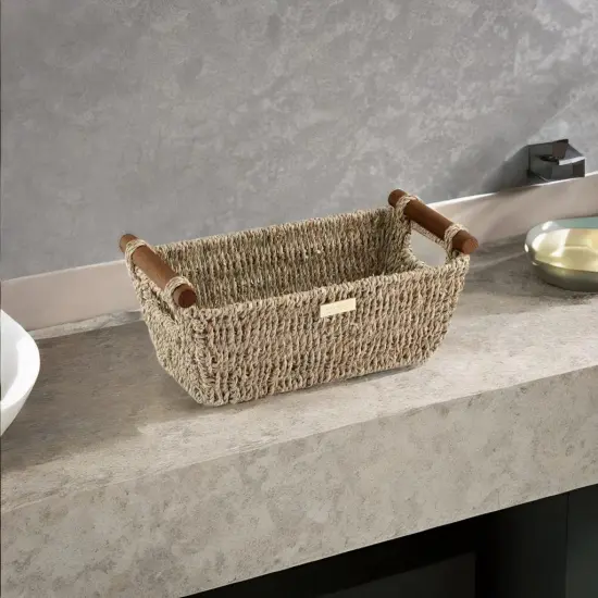 Seagrass Hand Woven Basket with Stain Resistant Polished Wooden Handles, Toilet paper Storage Wicker Baskets 12 inches Length, 6.29 inches Width, 4.25 inches Height, Natural {3}