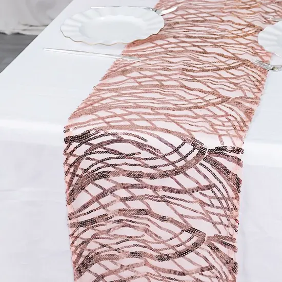 12x108 in Mesh Wavy Embroidered Sequins Table Runner Blush {1}