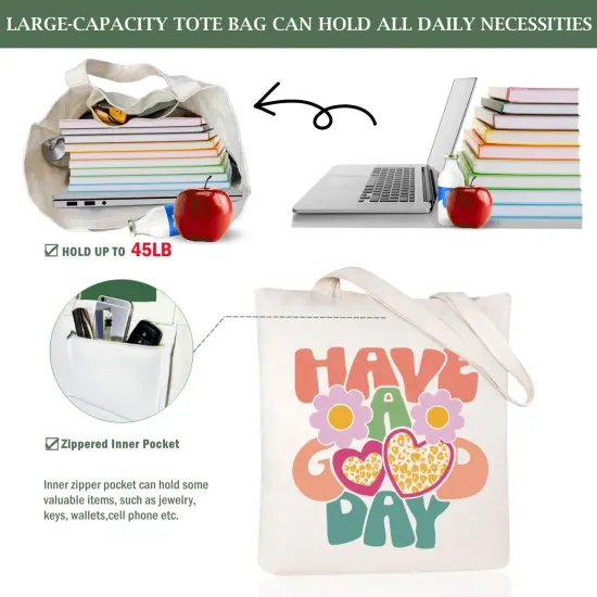 Canvas Tote Bag for Women with Zipper Pocket Aesthetic Cloth Cotton Totes Reusable Grocery Bags Shoulder Book Bags Gifts {3}