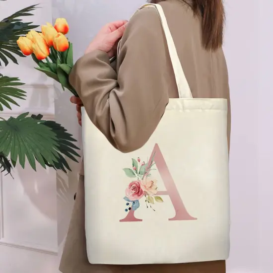 Initial Canvas Tote Bag with Zipper Pockets,Personalized Totes for Women Bridesmaids Teacher,Cosmetic Makeup Bag,Monogrammed Gifts for Wedding Birthday (Letter A) {4}
