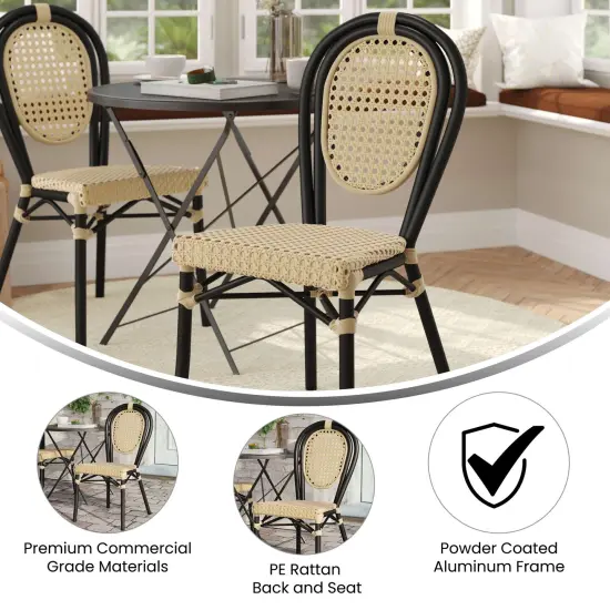 Merrick Lane Toulon Stacking Thonet Bistro Style Chair, PE Cane Rattan Seat, and Metal Frame for Indoor/Outdoor Use Natural/Black Frame {4}