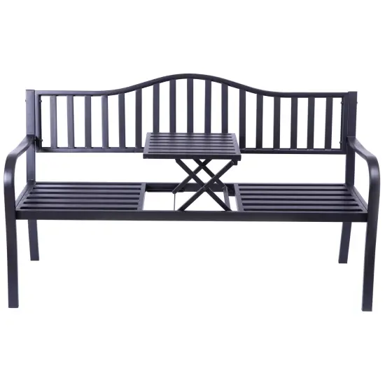 Outdoor Powder Coated Steel Park Bench, Garden Bench with Pop Up Middle Table, Lawn Decor Seating Bench for Yard, Patio, Garden, Balcony, and Deck {1}
