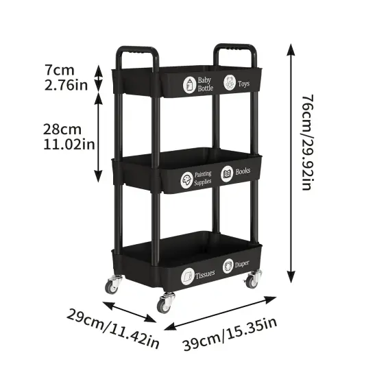 3-Tier Kitchen Storage Cart,Multifunction Utility Rolling Storage Organizer,Mobile Shelving Unit Cart with Lockable Wheels for Bathroom,Laundry,Living Room,With Classified Stickers,Black {1}
