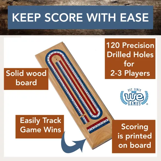 WE Games Classic Cribbage Set - Solid Wood TriColor Continuous 3 Track Board with Metal Pegs {3}
