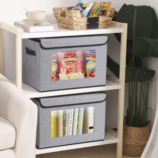 Fabric Storage boxes,Storage Baskets for Shelves with Lids, Fabric Storage Bins with Handles, Decorative Linen Closet Organizers Boxes,Small, Gray, 1-Pack {3}