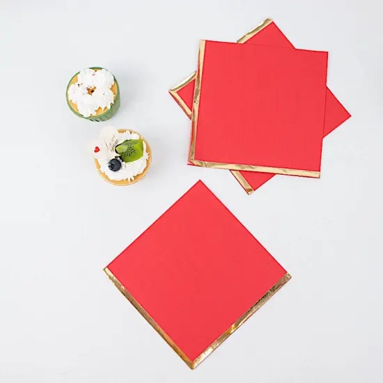 50 Pastel Gold Trim 2 Ply Paper Napkins for Events Red {2}