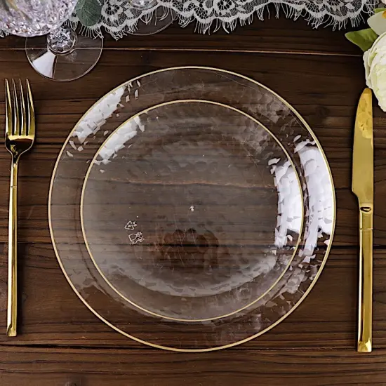 10 PCS Clear Round Hammered Disposable Salad Dinner PLASTIC PLATES Gold Trim Party {4}