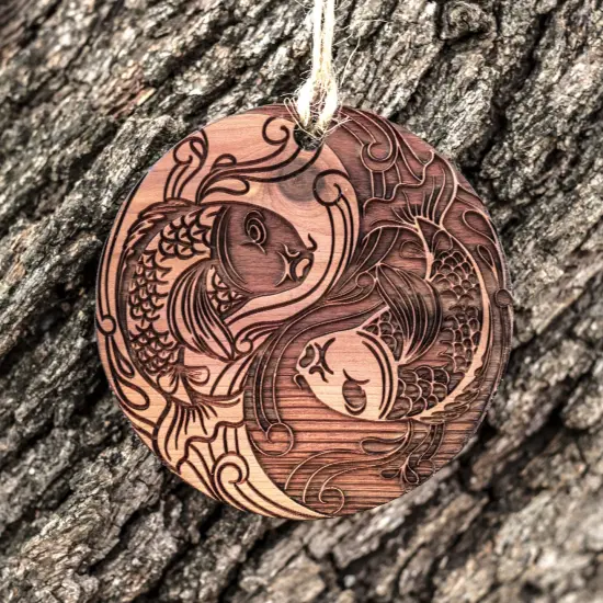 Yin Yang Koi Fish - Raw Cedar Ornament 3x3in {2}