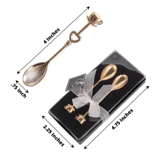 2 Metal 4 in Couple Coffee SPOONS Set Gift Box Gold {3}
